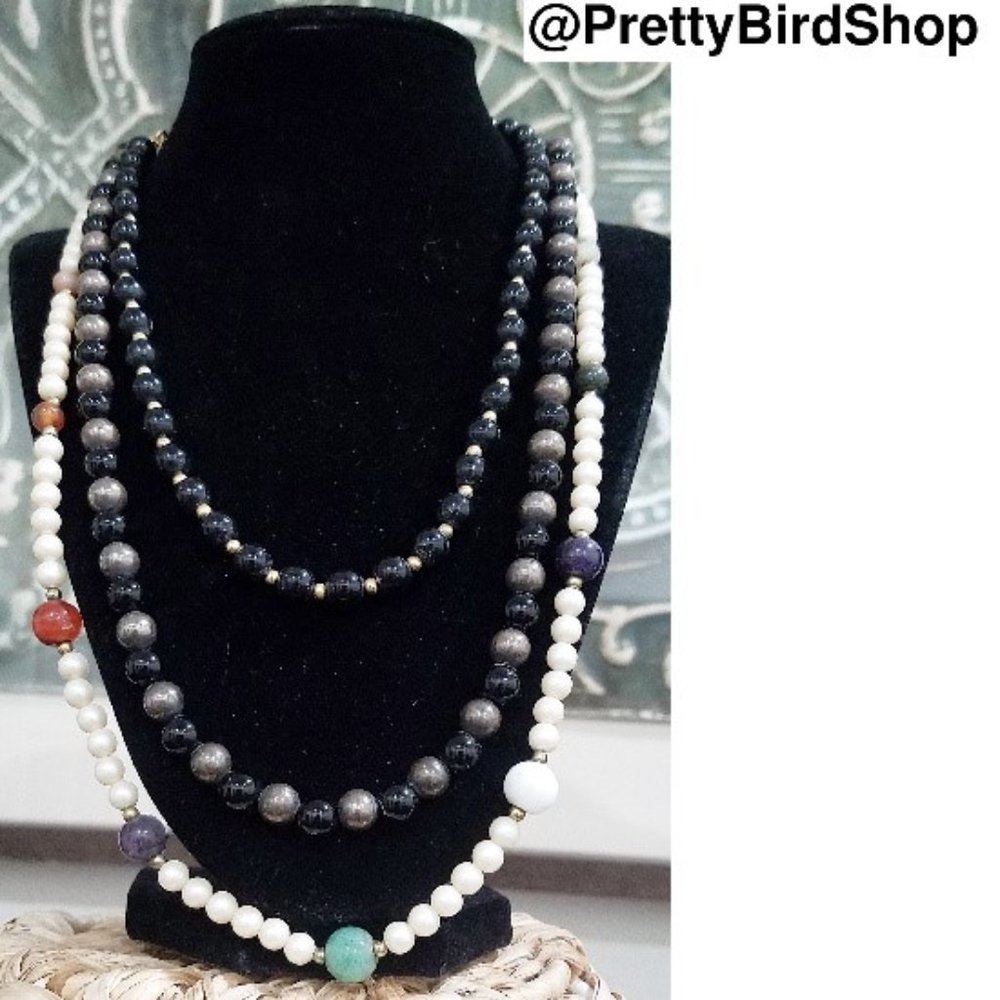 Vintage 3 NECKLACE SET stone brass VGUC - Picture 7 of 8